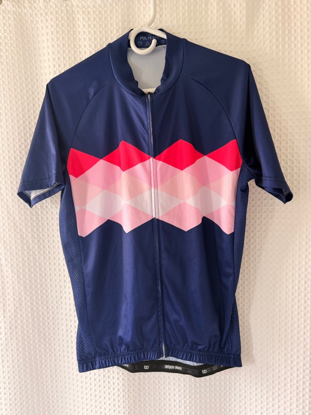 Navy Cycling Jersey with Pink & Red Geometric Stripe